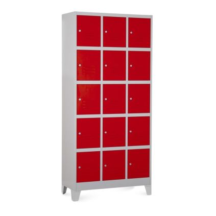 Kovová šatní skříňka - 15 boxů, 90 x 40 x 195 cm, pevné nohy, cylindrický zámek, červená - ral 3000